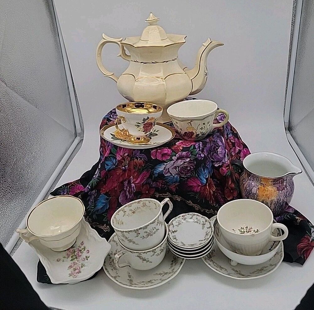 Lot Vtg TEA Cups Saucers Teapot Bowl Dishes Wedgwood Noritake England TEA PARTY